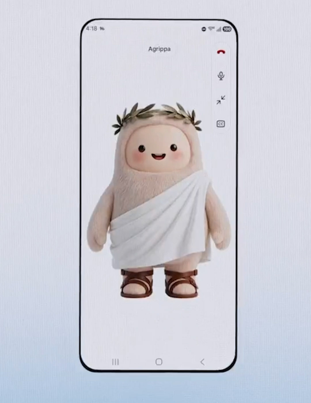 A phone screen showing a Muse Realtime Avatar named Agrippa, a plush figure in a toga and laurel wreath, during a video call